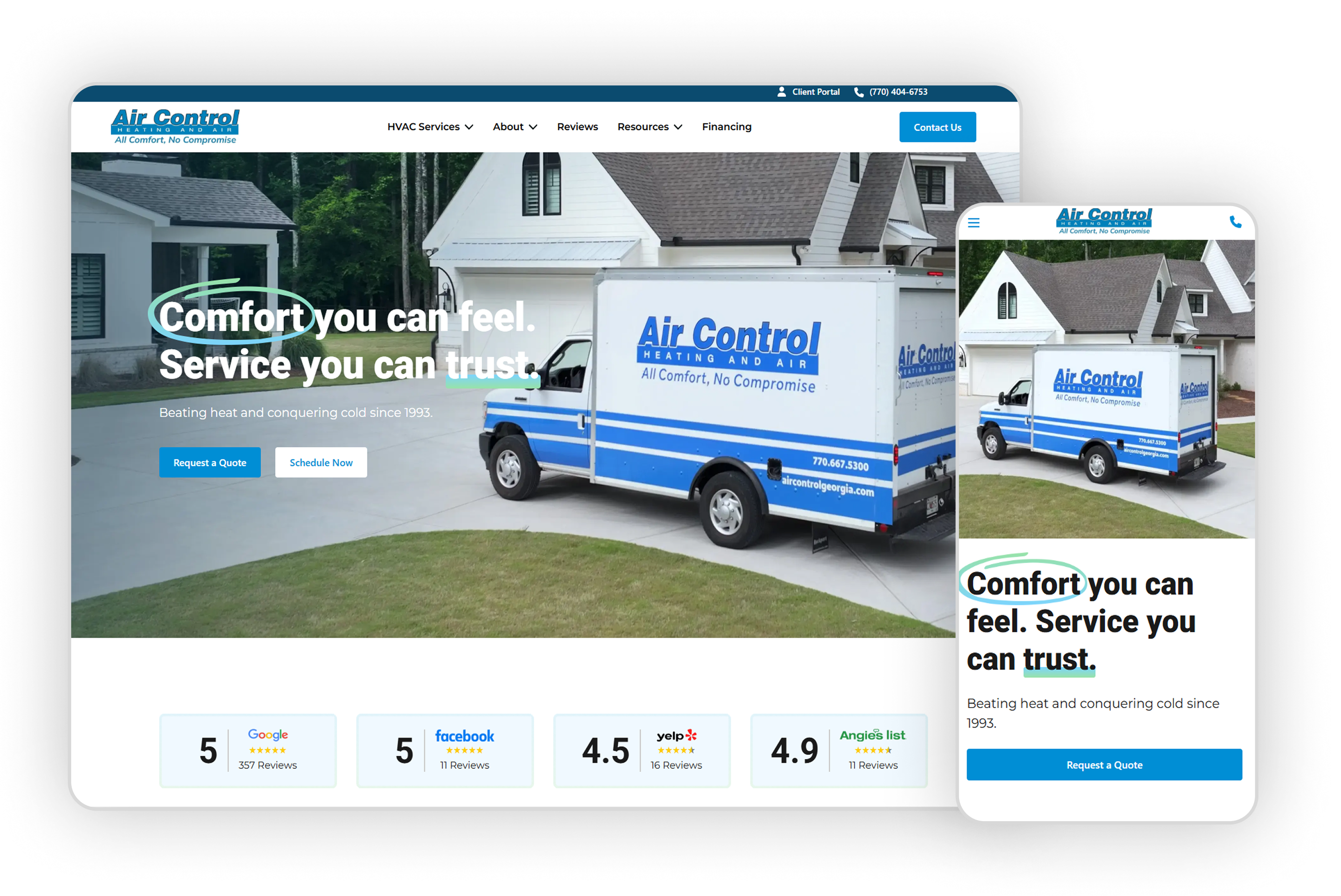 Air Control Heating & Air website on desktop and mobile